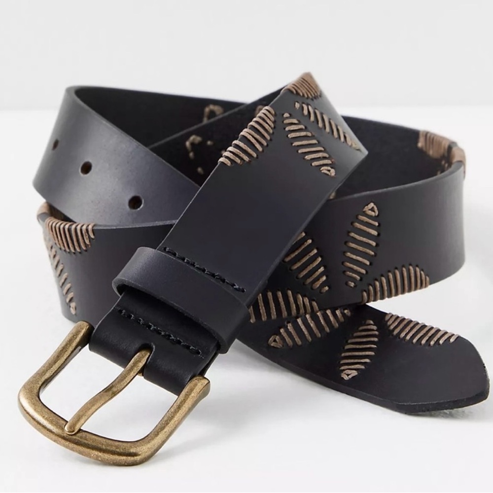 Free People Black and Tan Belt with Brass Buckles